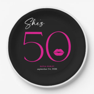 Modern Minimal Pink Lips She's Fifty Birthday Paper Plates