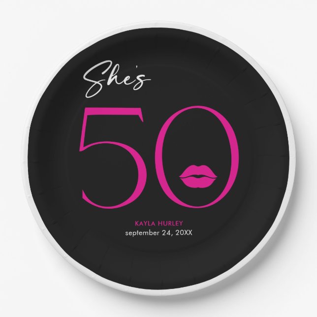 Modern Minimal Pink Lips She's Fifty Birthday Paper Plates (Front)