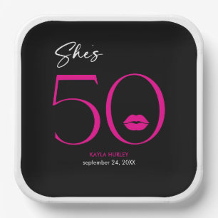 Modern Minimal Pink Lips She's Fifty Birthday Paper Plates