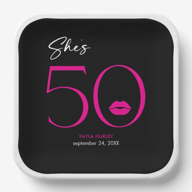 Modern Minimal Pink Lips She's Fifty Birthday Paper Plates (Front)