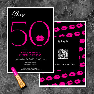 Modern Minimal Pink Lips She's Fifty Birthday QR Invitation