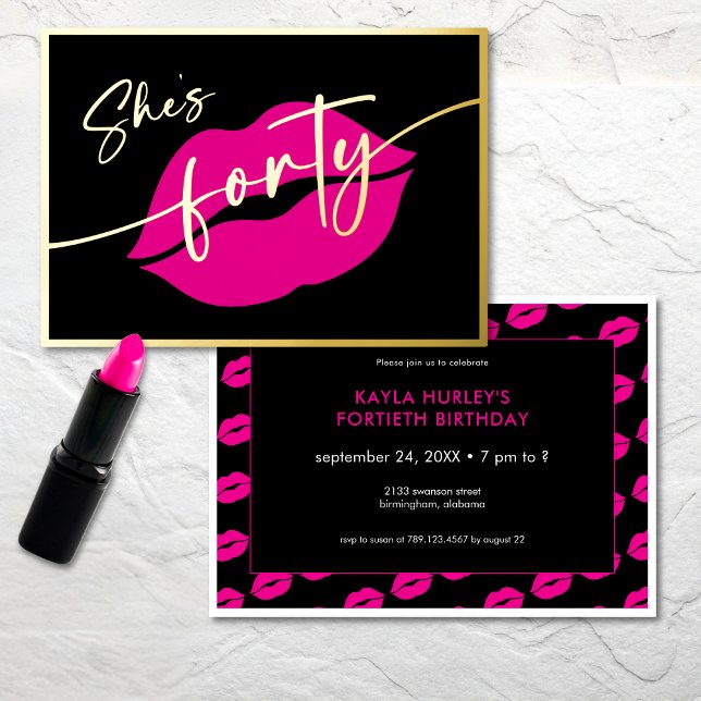 Modern Minimal Pink Lips She's Forty Birthday Foil Invitation (Modern Minimal Pink Lips She's Fifty Birthday Foil Invitation)
