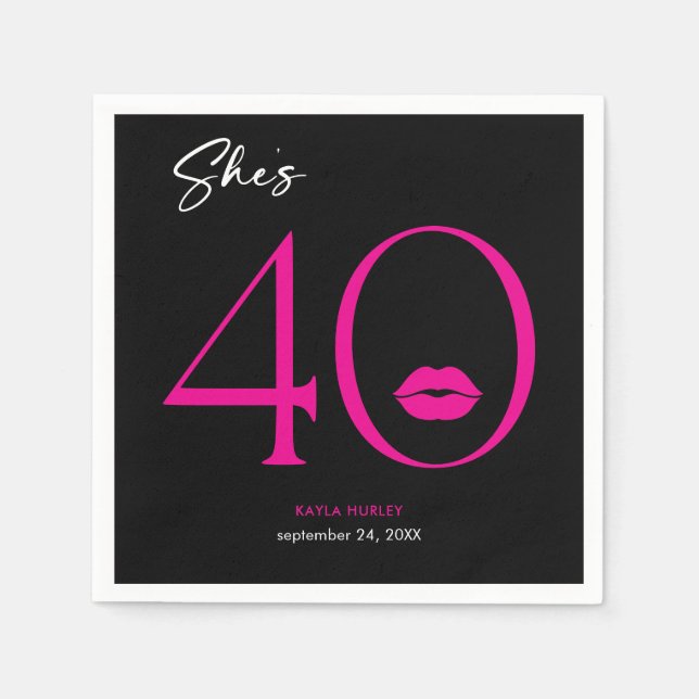 Modern Minimal Pink Lips She's Forty Birthday Napkins (Front)