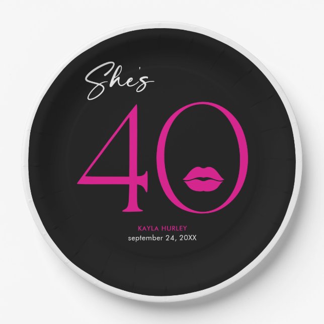 Modern Minimal Pink Lips She's Forty Birthday Paper Plates (Front)