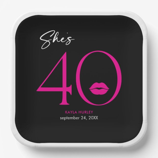 Modern Minimal Pink Lips She's Forty Birthday Paper Plates (Front)