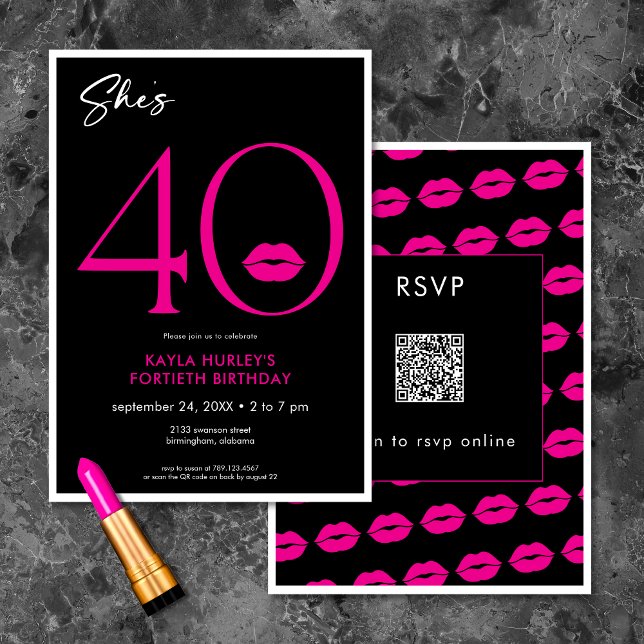 Modern Minimal Pink Lips She's Forty Birthday QR Invitation (Modern Minimal Pink Lips She's Forty Birthday QR Invitation)