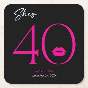 Modern Minimal Pink Lips She's Forty Birthday Square Paper Coaster