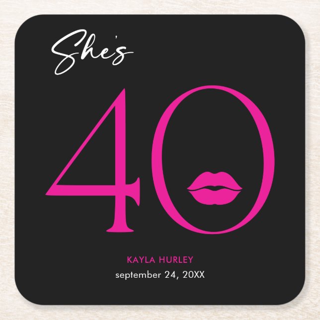 Modern Minimal Pink Lips She's Forty Birthday Square Paper Coaster (Front)