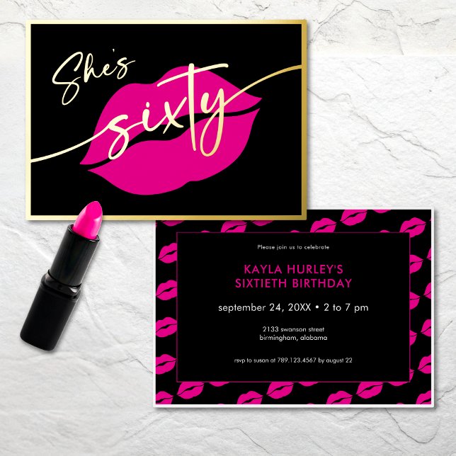 Modern Minimal Pink Lips She's Sixty Birthday Foil Invitation (Modern Minimal Pink Lips She's Sixty Birthday Foil Invitation)