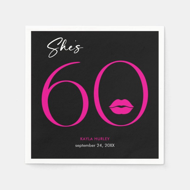 Modern Minimal Pink Lips She's Sixty Birthday Napkins (Front)