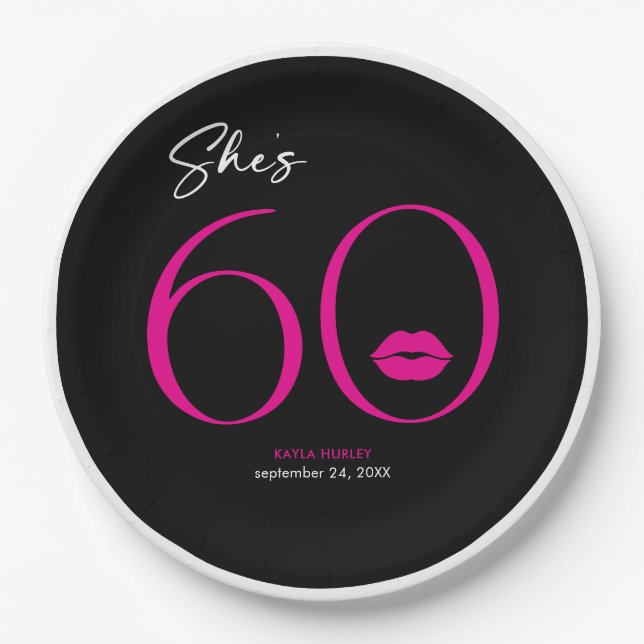 Modern Minimal Pink Lips She's Sixty Birthday Paper Plates (Front)