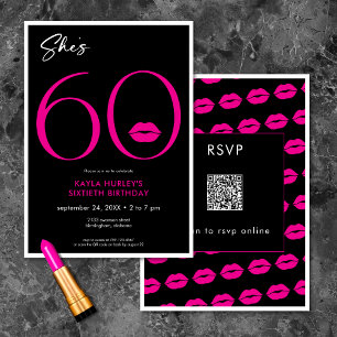 Modern Minimal Pink Lips She's Sixty Birthday QR Invitation