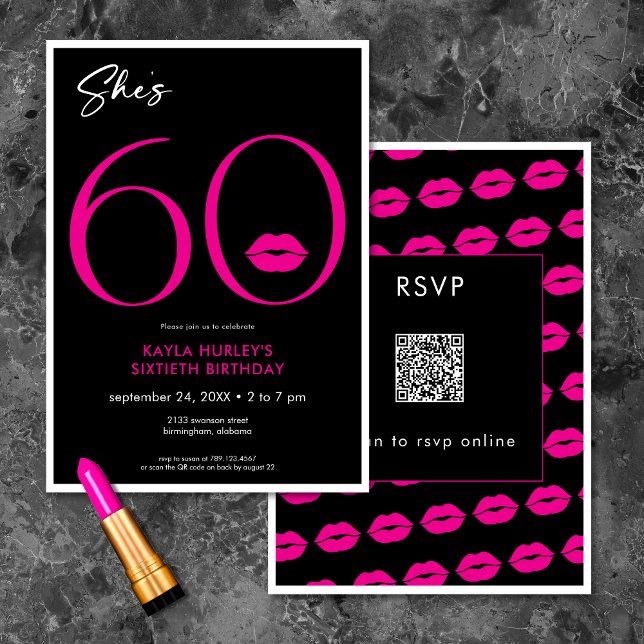 Modern Minimal Pink Lips She's Sixty Birthday QR Invitation (Modern Minimal Pink Lips She's Sixty Birthday QR Invitation)