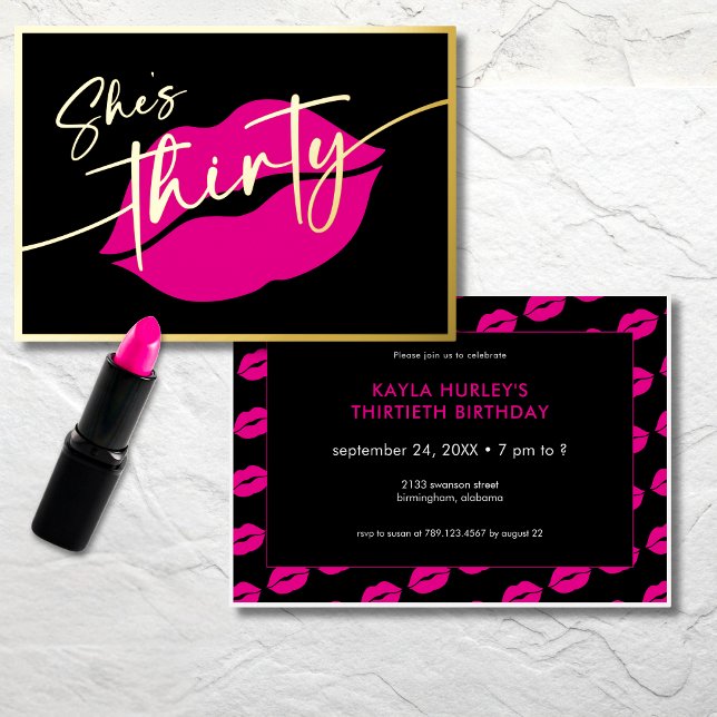 Modern Minimal Pink Lips She's Thirty Birthday Foil Invitation (Modern Minimal Pink Lips She's Thirty Birthday Foil Invitation)