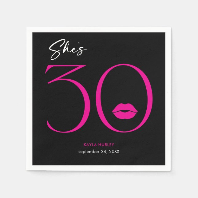 Modern Minimal Pink Lips She's Thirty Birthday Napkins (Front)