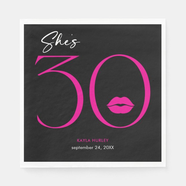 Modern Minimal Pink Lips She's Thirty Birthday Napkins (Front)