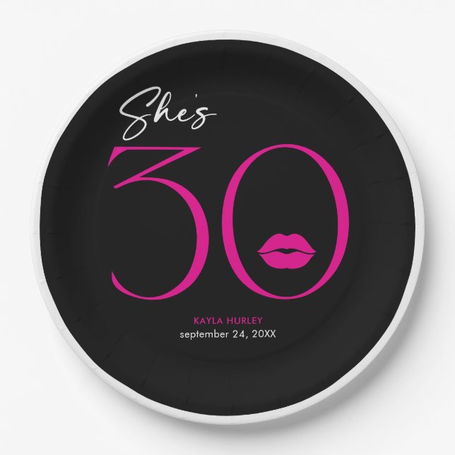 Modern Minimal Pink Lips She's Thirty Birthday Paper Plates (Front)