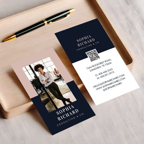 Modern Minimal Pink  Navy Business Photo QR Code Business Card