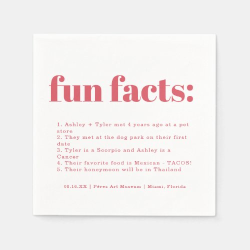 Modern Minimal Pink Punch  Fun Facts Wedding Napkins