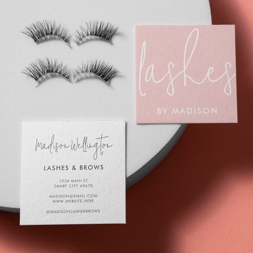 Modern Minimal Pink Script Beauty Lashes  Square Business Card