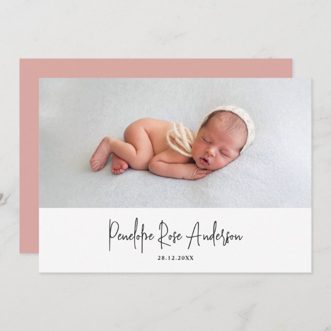 Modern minimal pink simple photo birth announcement (Front/Back)