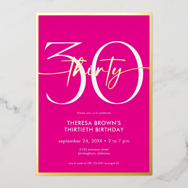 Modern Minimal Pink Thirty Script Birthday Foil Invitation (Front)