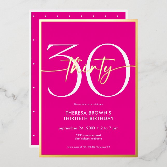 Modern Minimal Pink Thirty Script Birthday Foil Invitation (Front/Back)