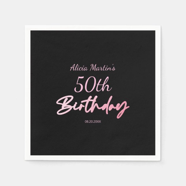 Modern & Minimal Pink Typography Black Birthday Napkins (Front)