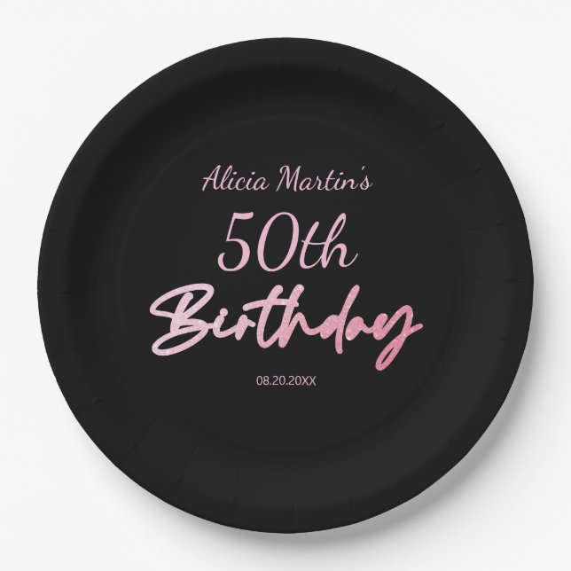 Modern & Minimal Pink Typography Black Birthday Paper Plates (Front)