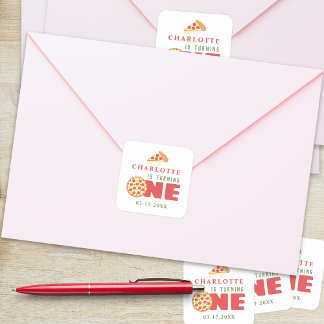 Modern Minimal Pizza First Birthday Party Custom Square Sticker