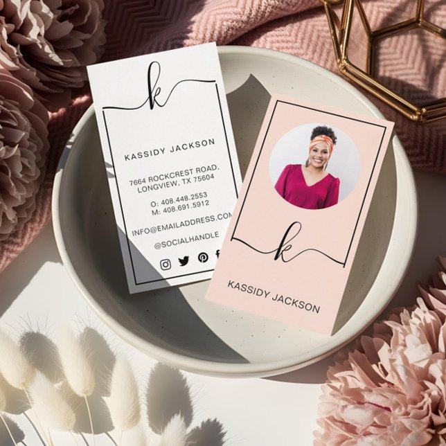 Modern Minimal Professional Photo Script Monogram  Business Card (Minimal Stylish Script Monogram Frame Circle Photo Business Card)