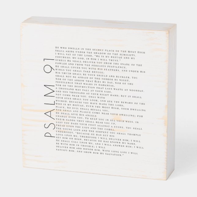Modern Minimal Psalm 91 Christian White Rustic  Wooden Box Sign (Angled Horizontal)
