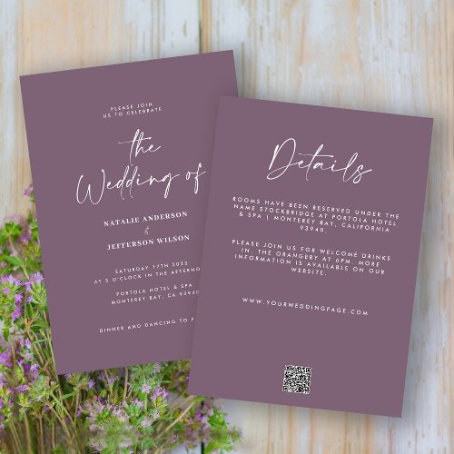 Modern minimal purple detail QR code wedding Invitation