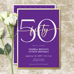 Modern Minimal Purple Fifty Script Birthday Foil Invitation