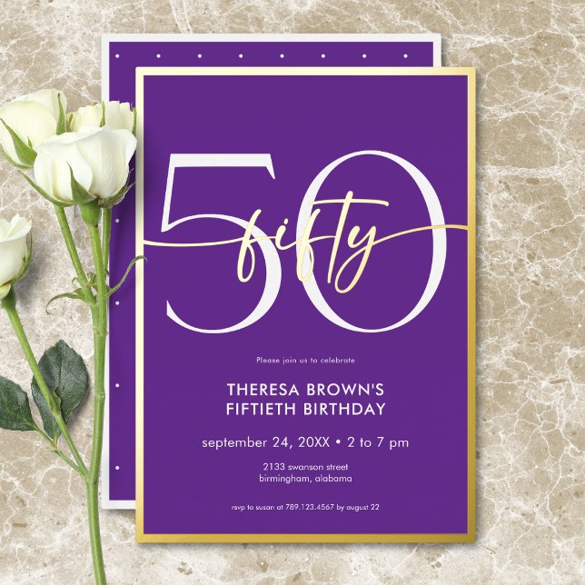 Modern Minimal Purple Fifty Script Birthday Foil Invitation (Modern Minimal Purple Fifty Script Birthday Foil Invitation)