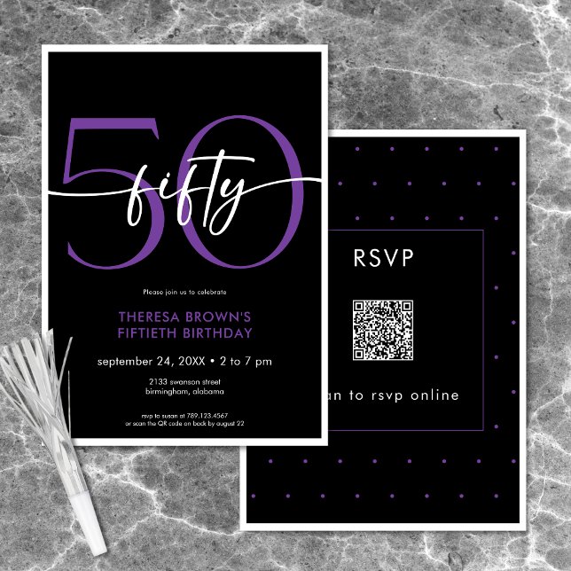 Modern Minimal Purple Fifty Script Birthday QR Invitation (Modern Minimal Purple Fifty Script Birthday QR Invitation)