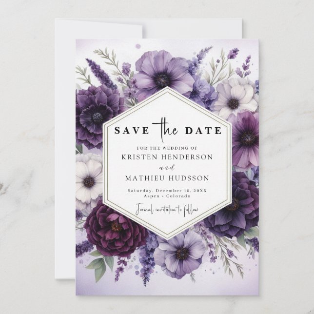 Modern Minimal Purple Floral Wedding Save The Date (Front)