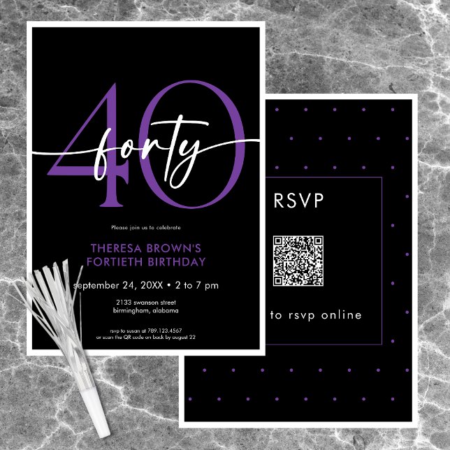 Modern Minimal Purple Forty Script Birthday QR Invitation (Modern Minimal Purple Forty Script Birthday QR Invitation)