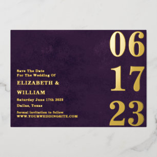 Modern Minimal Purple Gold Photo Save The Date Foil Invitation