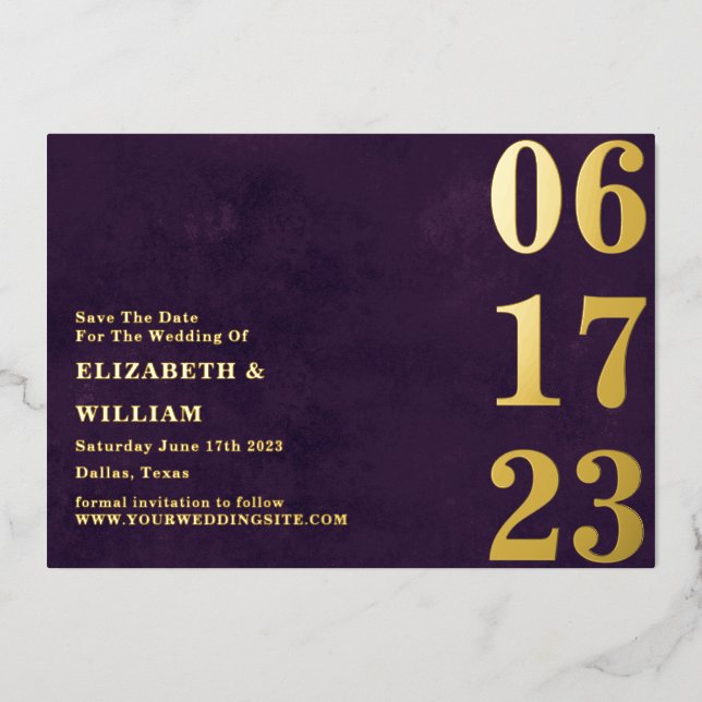 Modern Minimal Purple Gold Photo Save The Date Foil Invitation (Front)