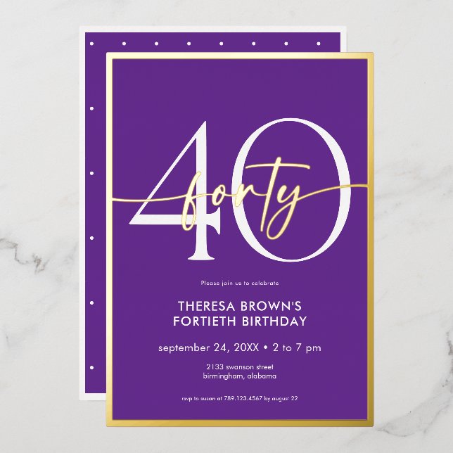 Modern Minimal Purple Gold Script Birthday Foil Invitation (Front/Back)