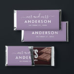 Modern Minimal Purple Personalized Mr and Mrs Hershey Bar Favors<br><div class="desc">Custom wedding Hershey's Miniatures candy favors displays a a modern and minimal "Mr and Mrs" script monogram design that can be personalized with your married last name in all caps sans serif text. Chic design features simple wedding date text and a thank you message appears on the back. The classic...</div>