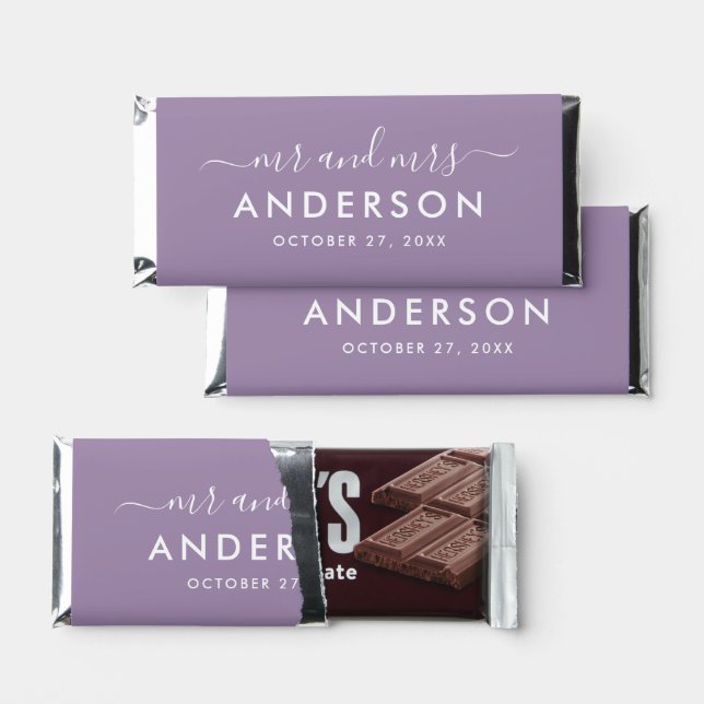 Modern Minimal Purple Personalized Mr and Mrs Hershey Bar Favors (Front)
