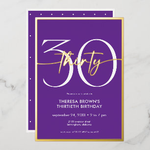 Modern Minimal Purple Thirty Script Birthday Foil Invitation
