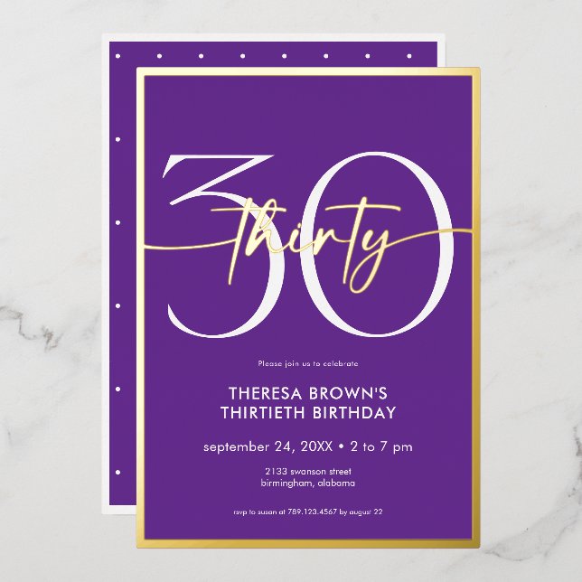Modern Minimal Purple Thirty Script Birthday Foil Invitation (Front/Back)