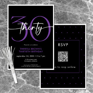 Modern Minimal Purple Thirty Script Birthday QR Invitation