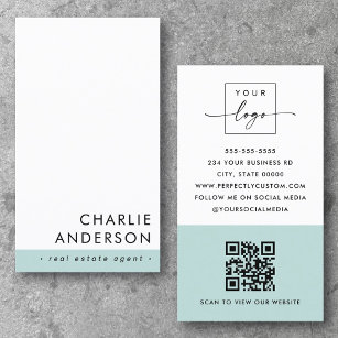 Modern minimal QR code aqua blue white vertical Business Card