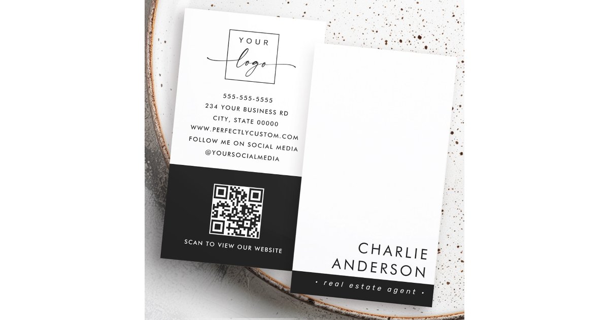 Modern minimal QR code black white vertical Business Card | Zazzle