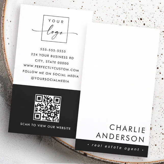 Modern minimal QR code black white vertical Business Card | Zazzle