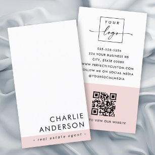 Modern minimal QR code blush pink white vertical Business Card